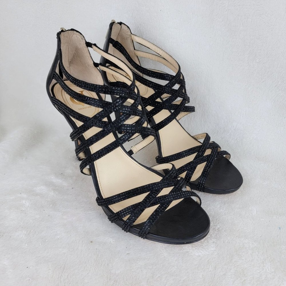 VC Signature VI-BRIGITTE Black Crystal Studs Strappy High Heels Zipper Sandals
